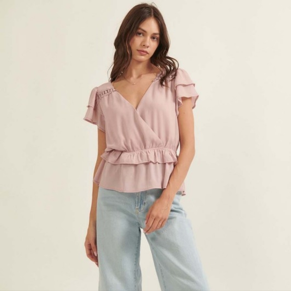 Dusty Pink NWT Peplum Blouse Short Flutter Sleeves Promesa